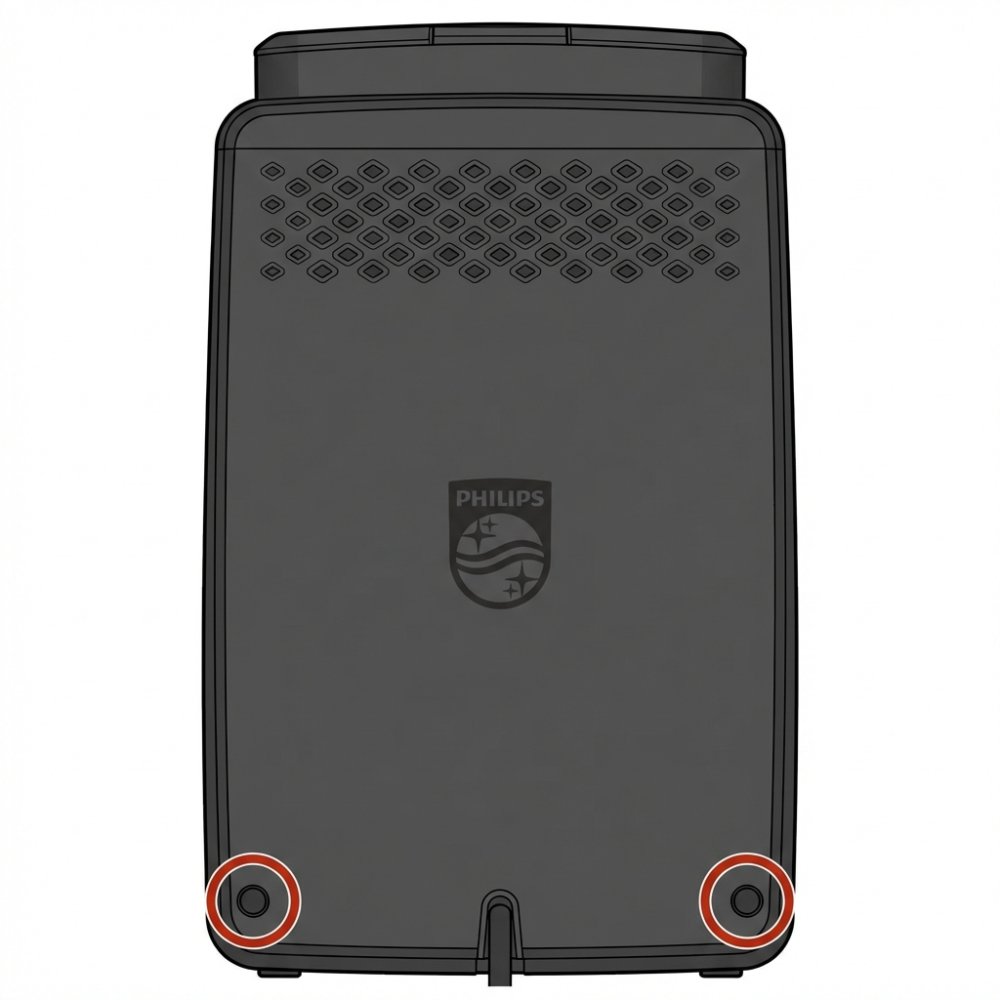 Philips kávovar – zadný pohľad s vyznačenými 2 skrutkami Torx v spodných rohoch pre demontáž krytu