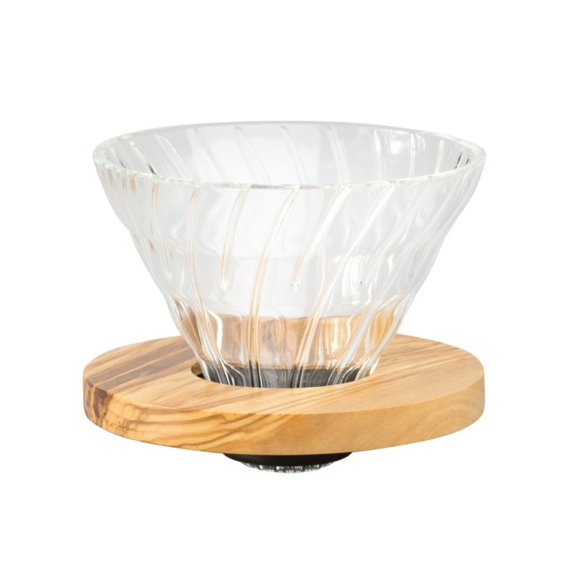 Hario V60 sklenený dripper 02 - olivové drevo