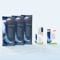 Zestaw czyszczący z trzema filtrami wody Jura Claris Smart, 90g 3-fazowymi tabletkami czyszczącymi i dwoma silikonowymi wężykami o długości 360 mm do ekspresów Jura