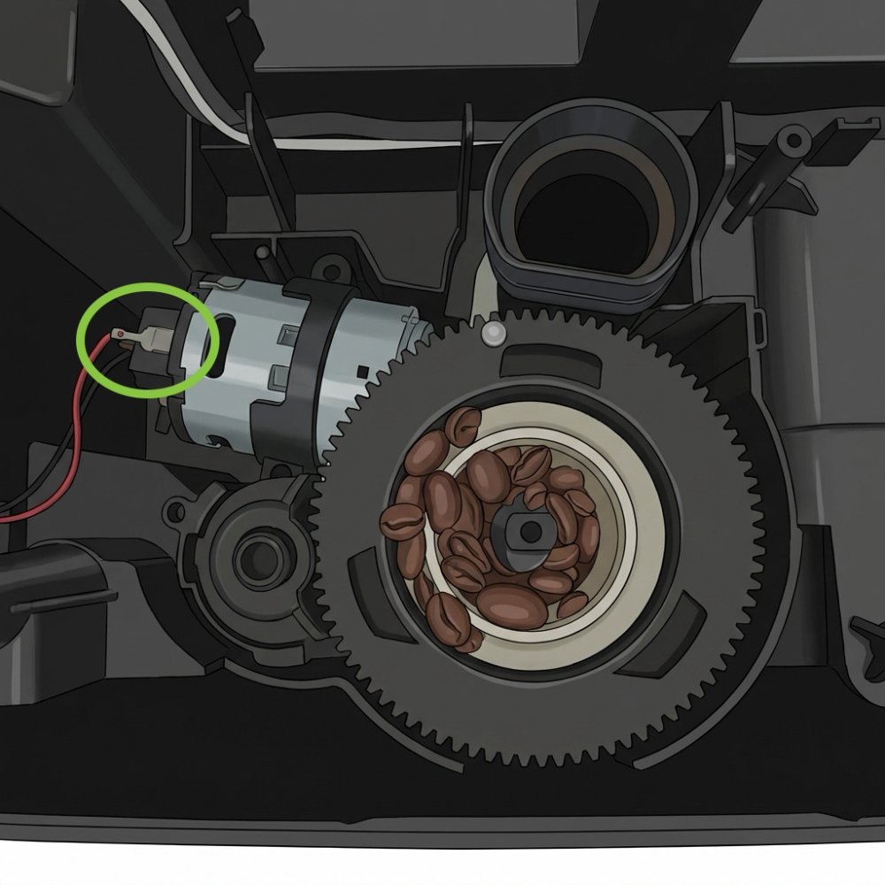 Motor keramického mlynčeka Philips Saeco – rozložený pohľad s motorom, ozubeným kolom a 4 skrutkami Torx
