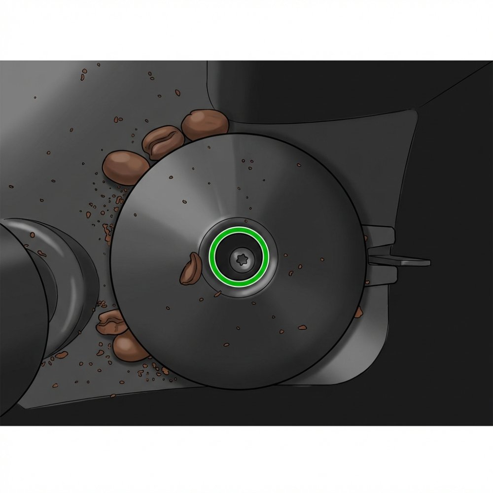Philips kávovar – centrálna Torx skrutka coveru mlynčeka vyznačená zeleným krúžkom