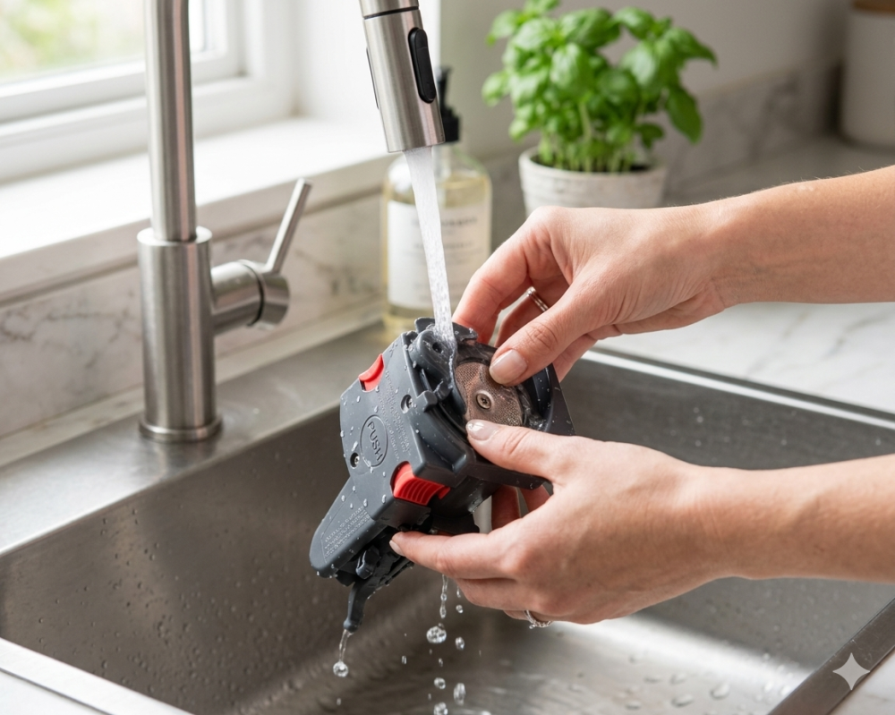 Sparovacia jednotka DeLonghi pod tečúcou vodou – oplachovanie s pohybom piestu