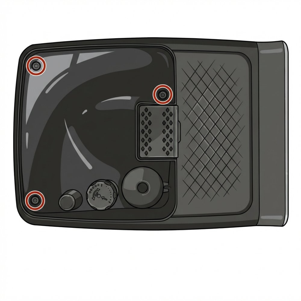 Philips kávovar – pohľad zhora s vyznačenými skrutkami Torx pre demontáž vrchného krytu